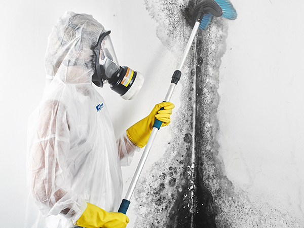 worker cleaning mould off walls